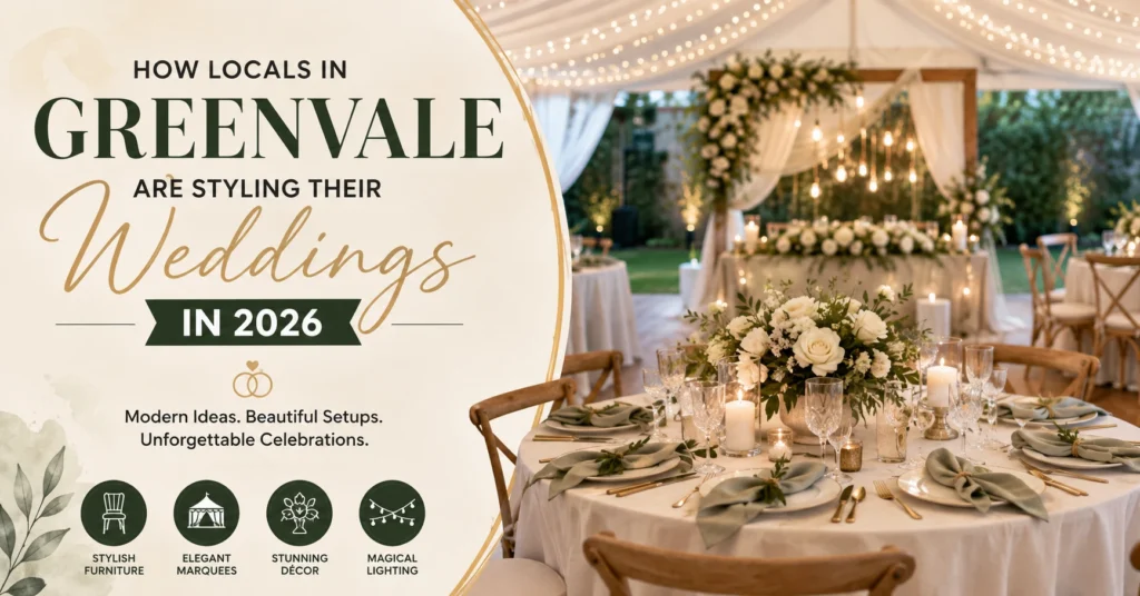 Elegant Greenvale wedding styling in 2026 with marquee, Cross Back chairs, floral décor, warm lighting and modern table settings.