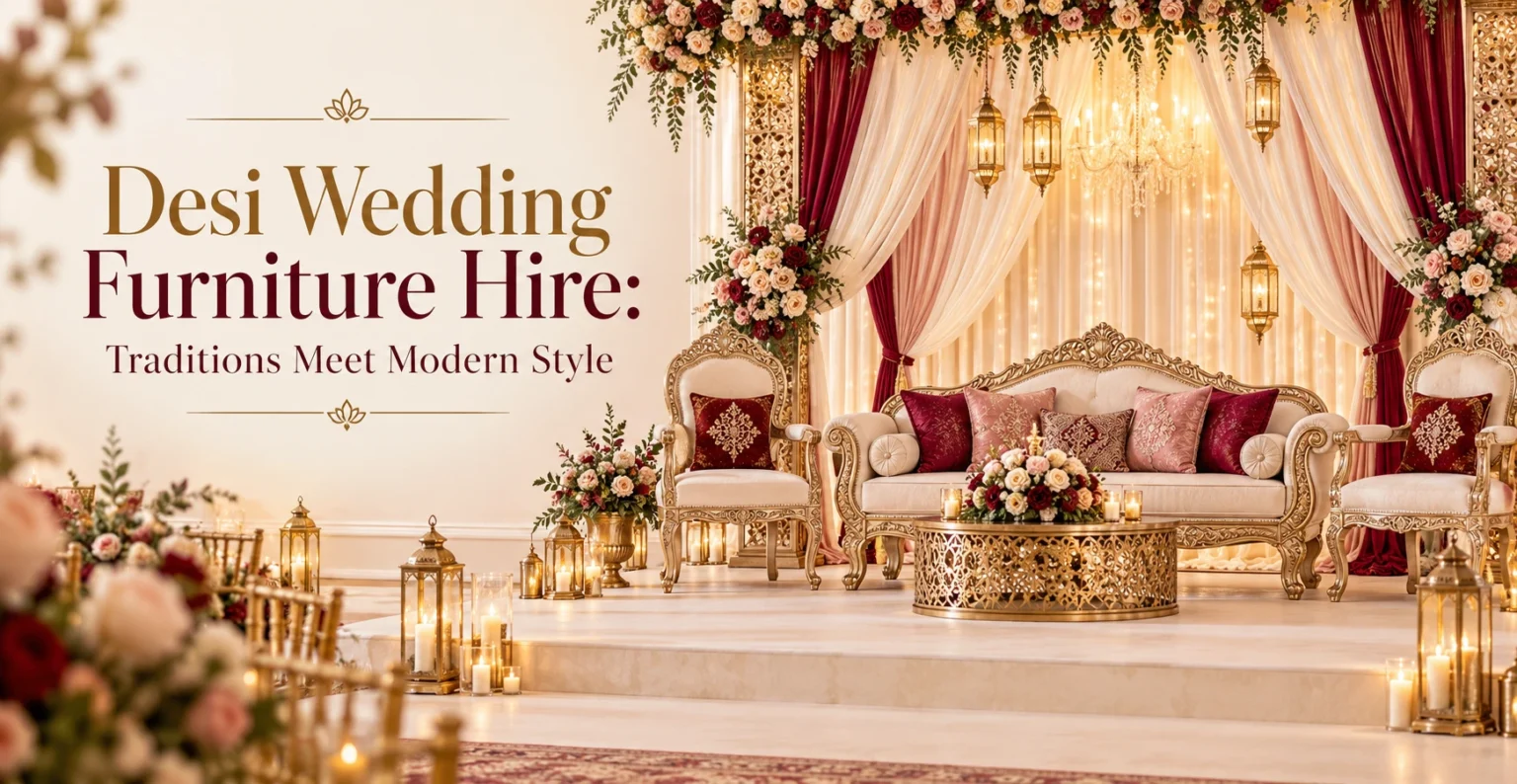 Elegant desi wedding furniture hire setup with ornate sofa, floral décor, draped backdrop, and warm golden lighting.