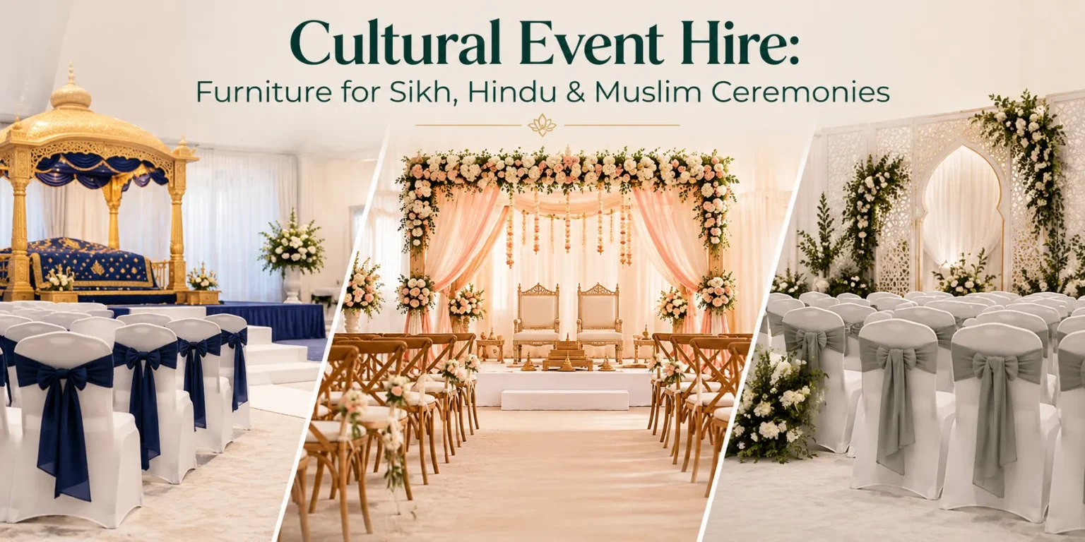 Cultural event hire setup featuring elegant seating, tables and décor for Sikh, Hindu and Muslim ceremonies.