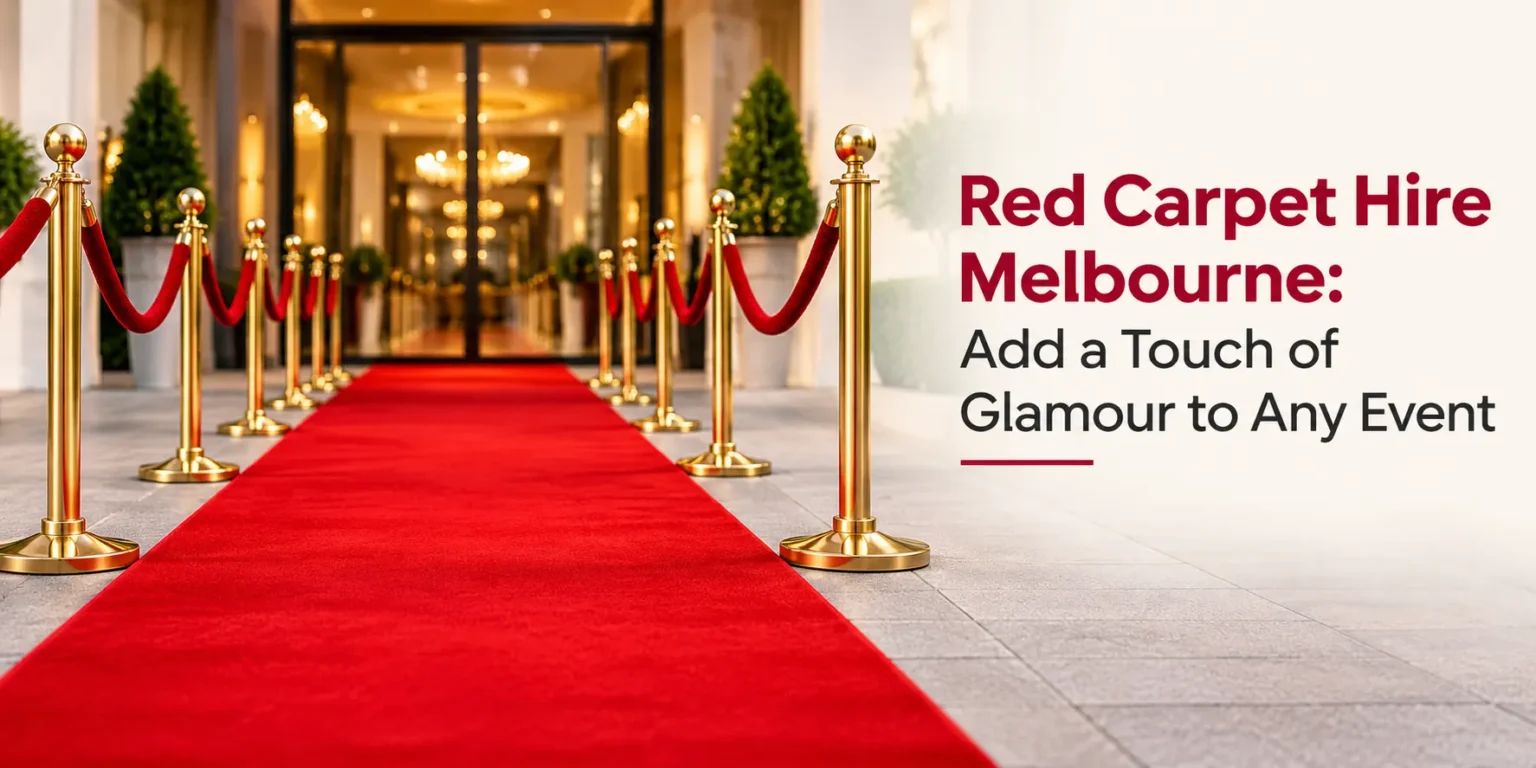 Red carpet entrance with gold stanchions, red velvet ropes and a luxurious carpet leading to an elegant event venue in Melbourne.