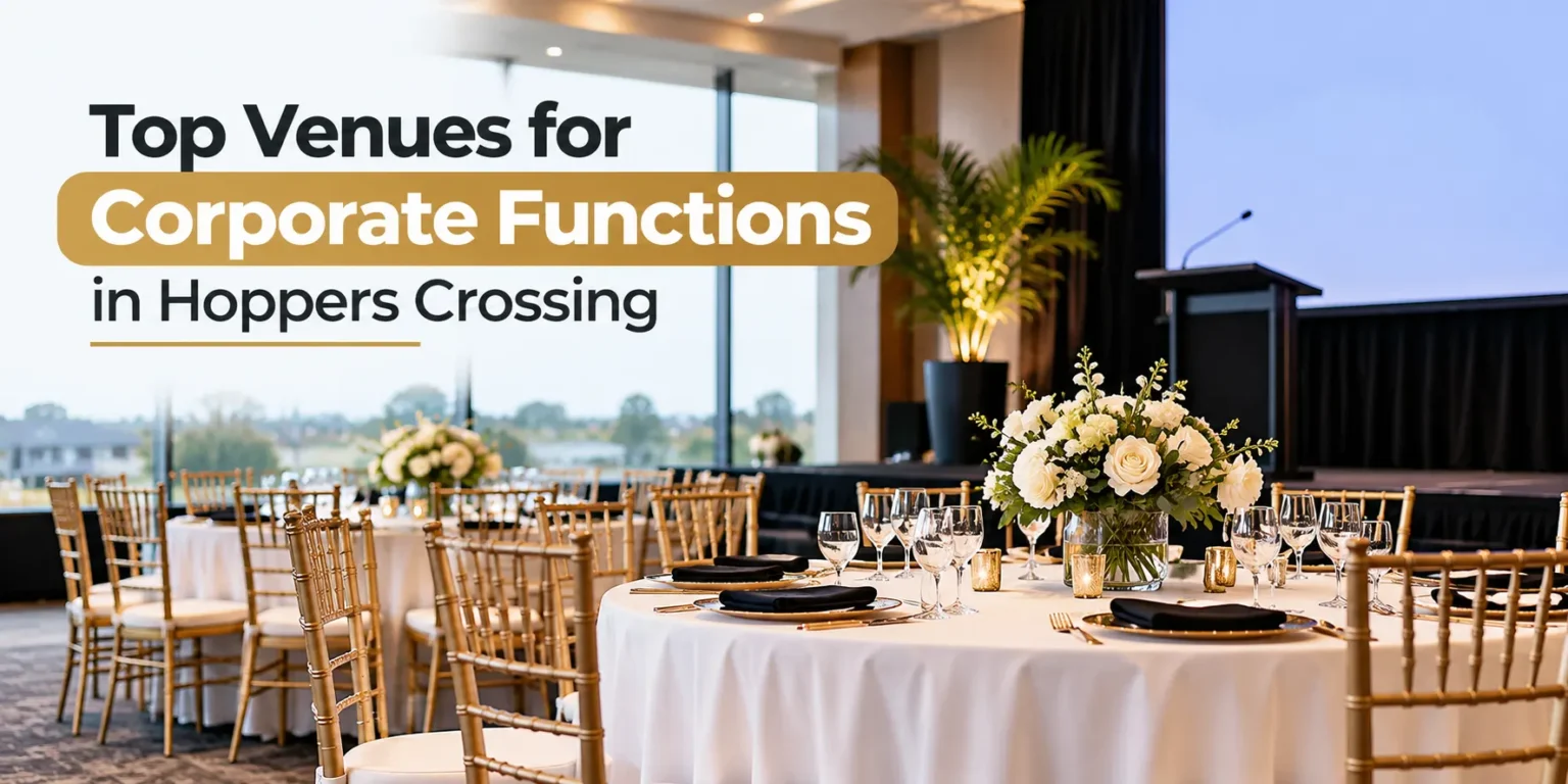Corporate function venue in Hoppers Crossing featuring elegant banquet tables, gold chairs, floral centrepieces and a presentation stage.